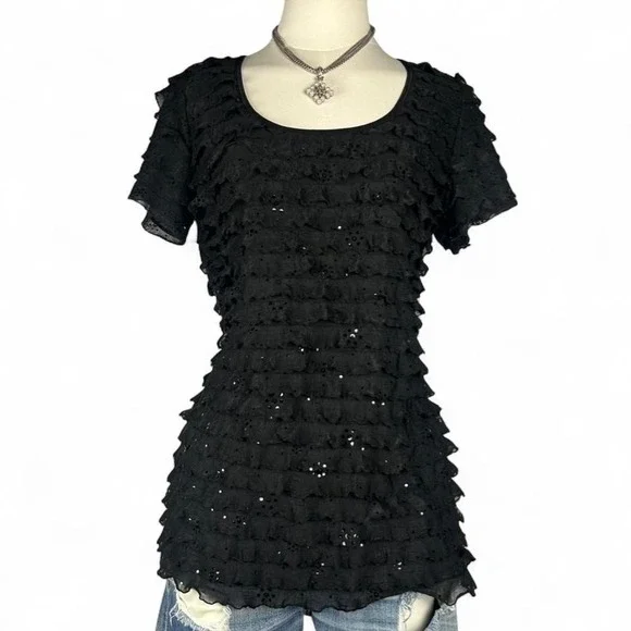 Y2K JKLA Sequin Ruffled Black Short Sleeve Top Womens L Goth Glam Bling - Picture 1 of 7